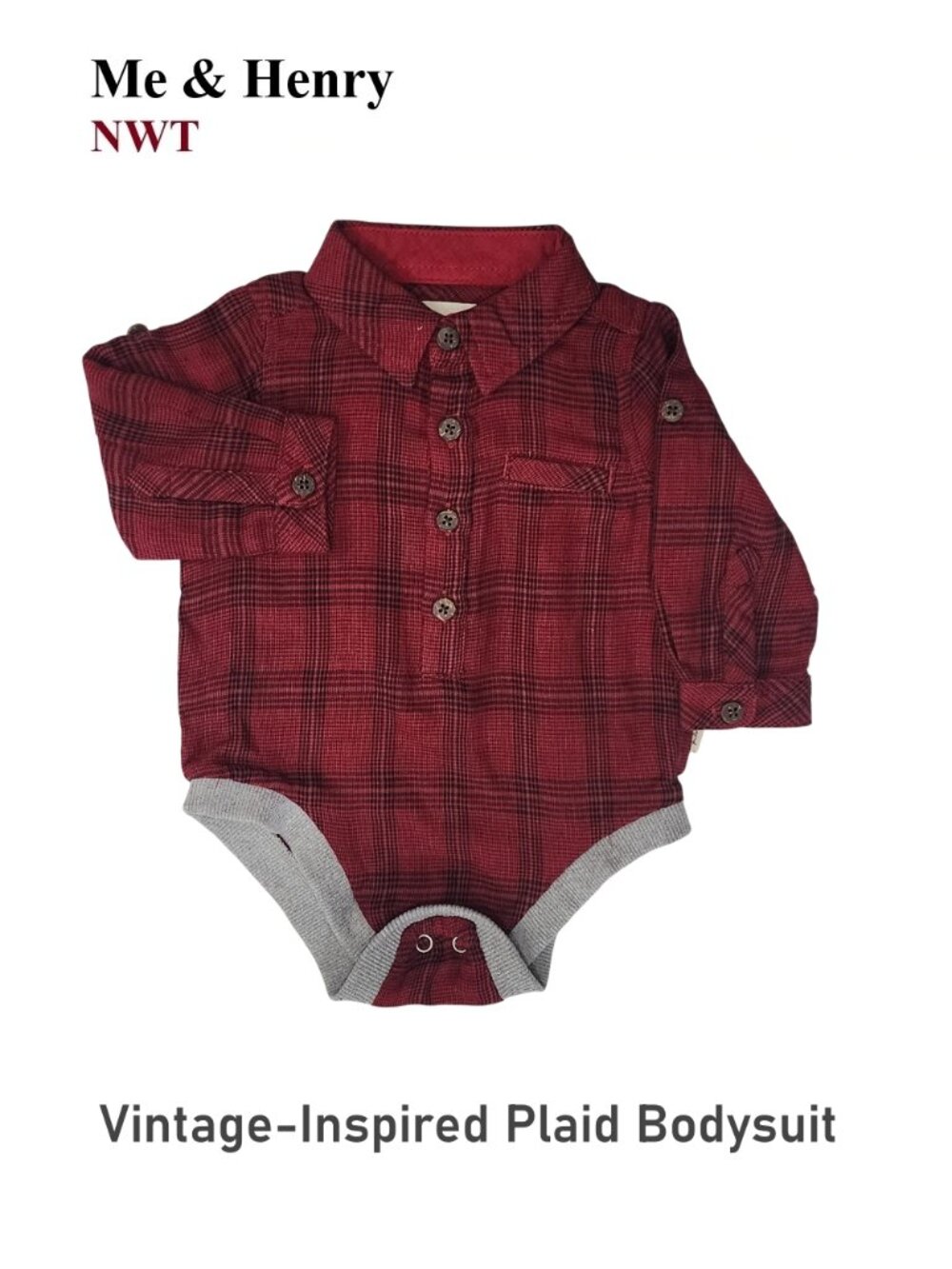 Red Plaid Woven Long-sleeve Bodysuit Onesie by Me & Henry - Size 3/6M | NWT
